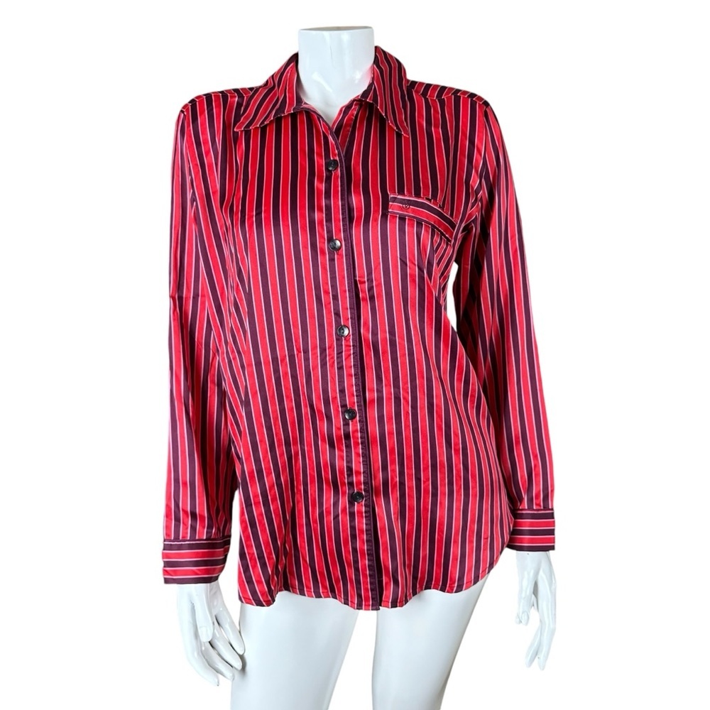Victoria's Secret Red and Pink Striped Satin Pajama Shirt Women’s small PJ top